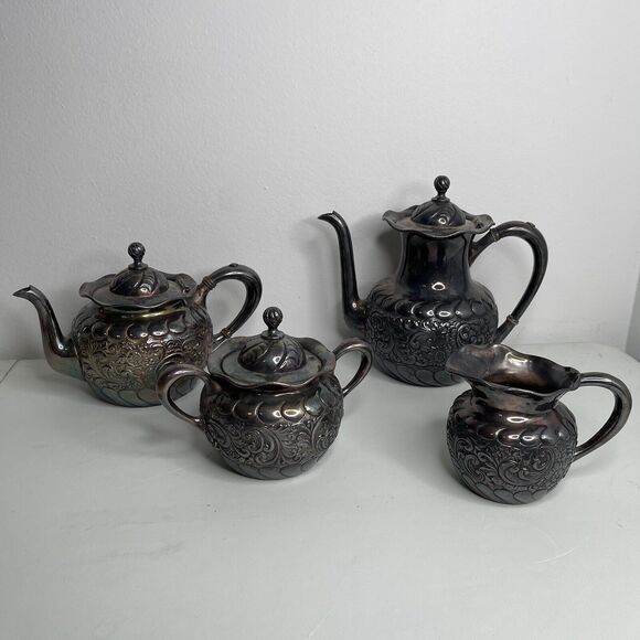 Pairpoint Mfg Co Antique 329 Tea Set Teapot Creamer Sugar Pot 4 Piece Set Rare - Picture 1 of 16